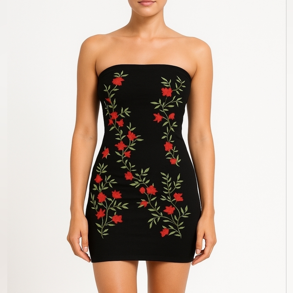 Guess black strapless dress with red flowers